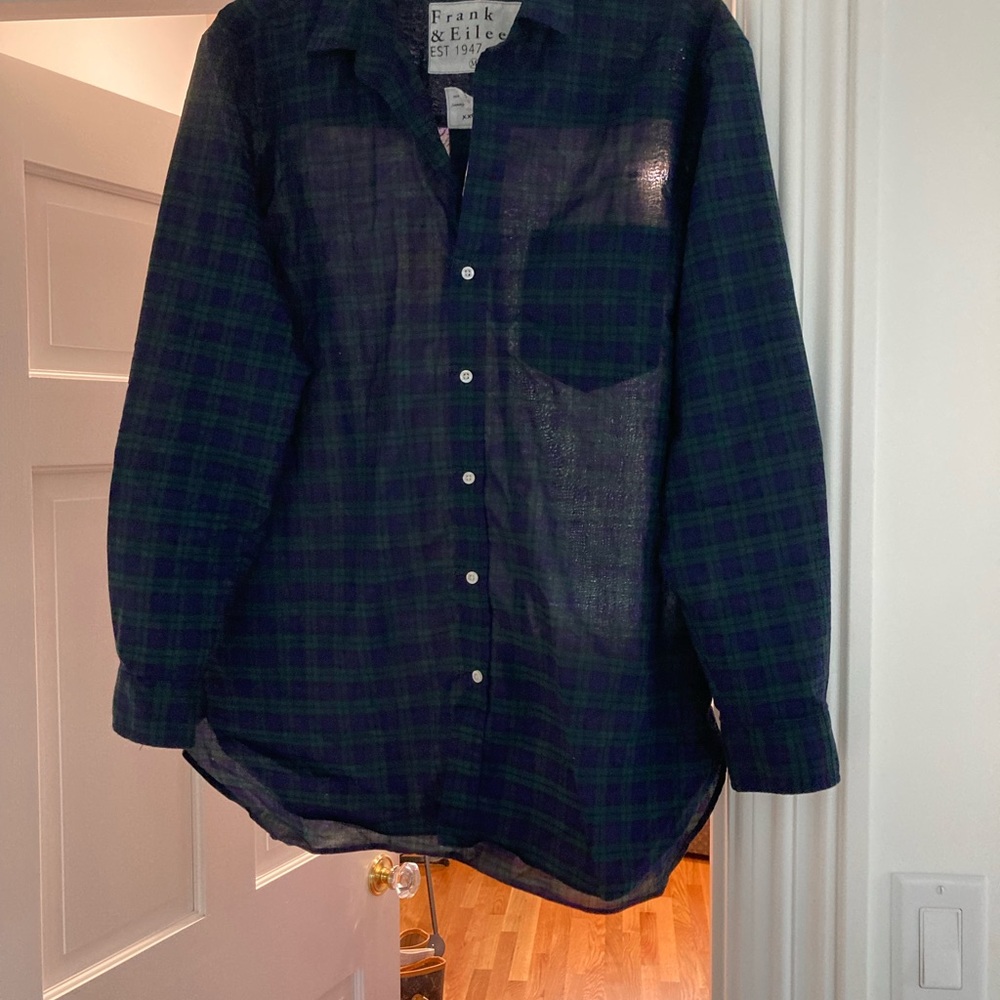 Frank and Eileen black watch plaid blouse